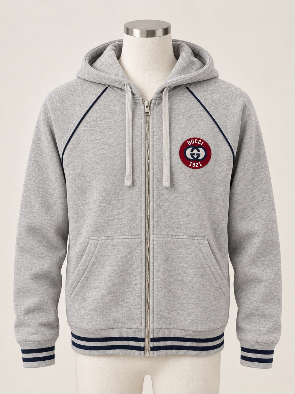 Gucci Gray Zip-Up Hoodie with Navy Trim and Red Logo Patch